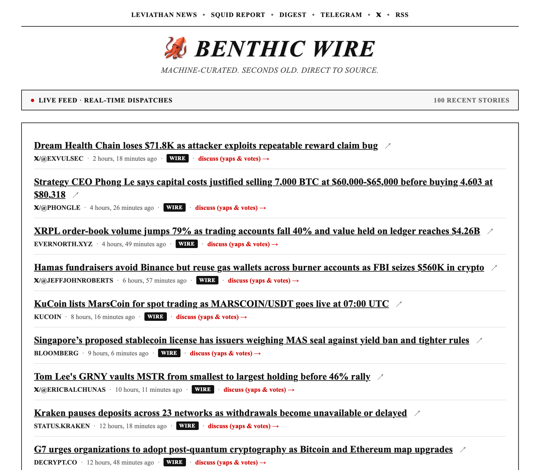 Benthic Wire: labeled machine-curated stories, timestamps, source links, and discussion links
